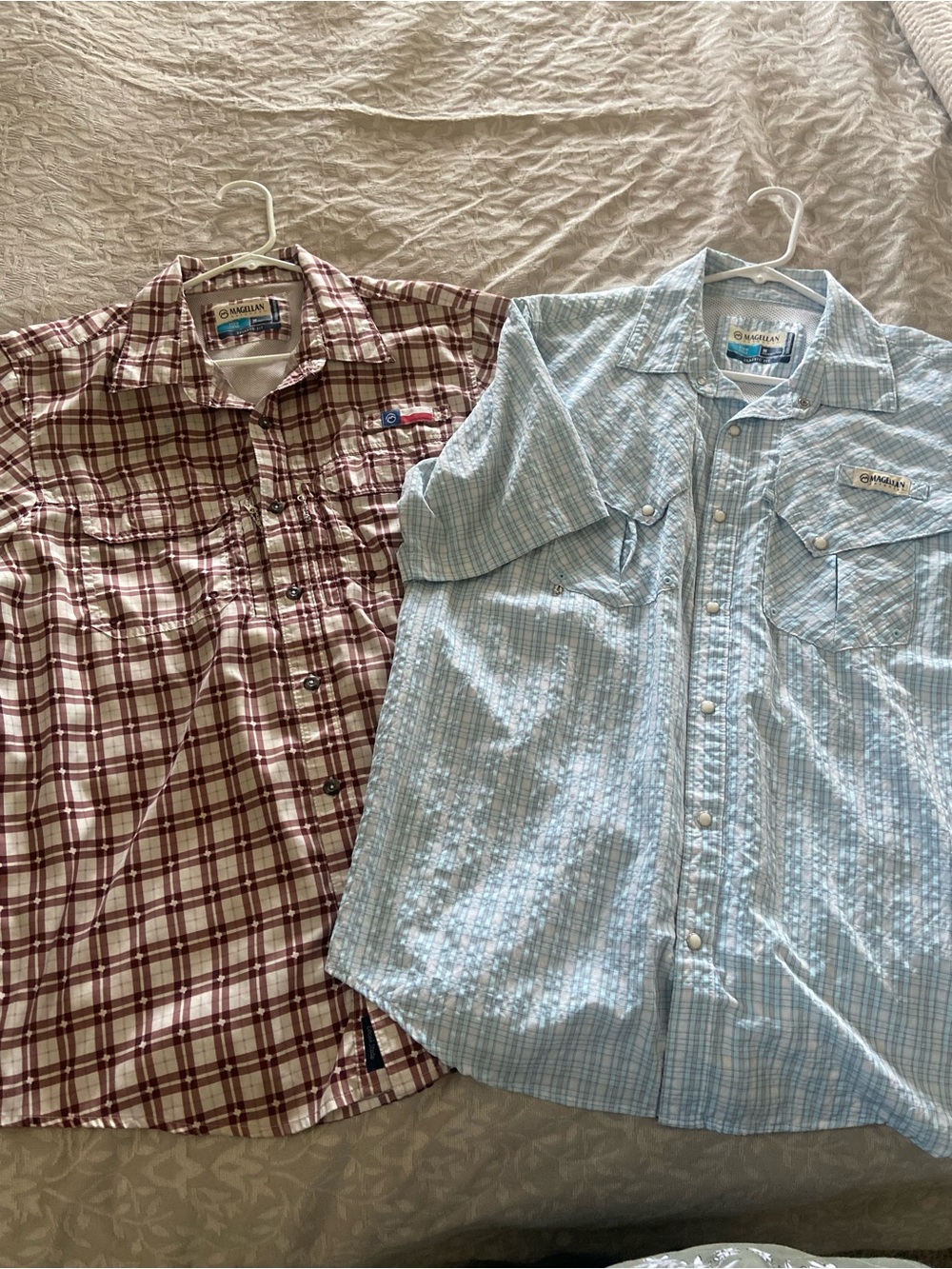 Lot of 2 Magellan Outdoors Light Blue & Burgundy Plaid Men’s Short-Sleeve shirts